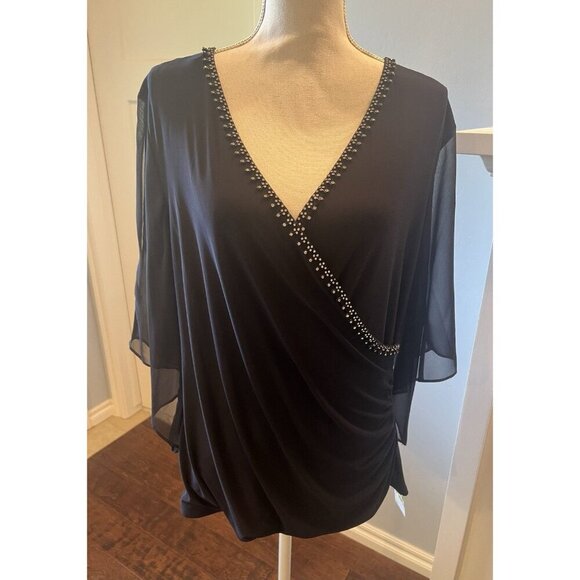 NWT MSK Womens Draped Faux Wrap Blouse 3/4 Split Sleeve Embellished Neck Size XL - Picture 1 of 14